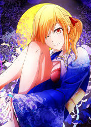 Rule 34 | 1girl, absurdres, alternate costume, alternate eye color, alternate hair length, alternate hairstyle, bad anatomy, bad leg, barefoot, blonde hair, blue kimono, bow, bra, breasts, chrysanthemum print, cleavage, floral background, floral print, flower, full moon, hair bow, highres, japanese clothes, kimono, knees to chest, legs, legs up, looking at viewer, looking to the side, moon, nanamin (yakumo226), obi, one eye closed, open clothes, open kimono, poorly drawn, red bra, red eyes, ribbon, sash, shiny skin, short hair, side ponytail, sidelocks, smile, solo, spider lily, spider lily print, thighs, touhou, underwear, wide sleeves, yakumo yukari, yukata
