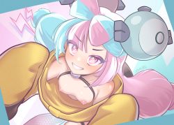 Rule 34 | 1girl, aqua hair, blush, breasts, character hair ornament, collarbone, commentary request, creatures (company), downblouse, eyelashes, game freak, grin, hair ornament, highres, iono (pokemon), jacket, long hair, looking at viewer, nintendo, nipples, no bra, pink eyes, pink hair, pokemon, pokemon sv, sandrewf, sharp teeth, shiny skin, small breasts, smile, solo, star (symbol), star in eye, symbol in eye, teeth, thigh strap, twintails, yellow jacket