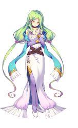 Rule 34 | 1girl, absurdly long hair, adomis, aristear remain, belt, blush, breasts, cleavage, closed eyes, collarbone, dress, eyes visible through hair, female focus, full body, gradient hair, green hair, highres, long hair, low twintails, multicolored hair, purple thighhighs, shiny skin, sleeveless, smile, solo, standing, thighhighs, transparent background, twintails, very long hair, white dress