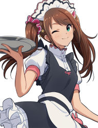 Rule 34 | 1boy, ;), apron, asada hachi, black dress, blush, brown hair, buttons, closed mouth, collared shirt, commentary, crossdressing, dress, floating hair, green eyes, hair ornament, hair scrunchie, hand up, high collar, highres, holding, holding tray, idolmaster, idolmaster side-m, long hair, looking at viewer, maid, maid apron, maid headdress, male focus, mizushima saki, one eye closed, pink ribbon, pink scrunchie, puffy short sleeves, puffy sleeves, ribbon, scrunchie, shirt, short sleeves, simple background, sleeveless, sleeveless dress, smile, solo, star (symbol), star hair ornament, symbol-only commentary, tray, twintails, twitter username, waist apron, watermark, white apron, white background, white shirt