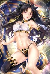Rule 34 | 1girl, armlet, asymmetrical legwear, asymmetrical sleeves, bandeau, bare shoulders, bikini, black bikini, black hair, black thighhighs, blush, breasts, bridal gauntlets, cleavage, detached collar, earrings, fate/grand order, fate (series), floating hair, gold trim, hand on own hip, heavenly boat maanna, highleg, highleg bikini, hoop earrings, ishtar (fate), jewelry, large breasts, long hair, looking at viewer, medium breasts, midriff, mismatched bikini, naughty face, navel, neck, neck ring, parted bangs, red eyes, rei kun, revealing clothes, single thighhigh, smile, solo, sparkle, star (sky), strapless, strapless bikini, swimsuit, thick thighs, thighhighs, thighs, uneven legwear, uneven sleeves, weapon, white bikini