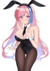 Rule 34 | 1girl, absurdres, animal ears, bare arms, bare shoulders, between breasts, black leotard, breasts, brown pantyhose, cleavage, detached collar, fake animal ears, grin, groin, hairband, hand on own chest, highleg, highleg leotard, highres, large breasts, leotard, long hair, looking at viewer, mole, mole under eye, multicolored hair, necktie, original, pantyhose, parfait desu, parfy (parfait ehmy), pink eyes, pink hair, playboy bunny, rabbit ears, simple background, sitting, smile, solo, strapless, strapless leotard, streaked hair, thigh gap, very long hair, white background, wrist cuffs