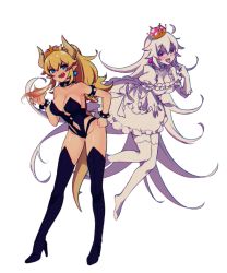 Rule 34 | 2girls, absurdly long hair, adapted costume, angellyuna, bad id, bad pixiv id, bare shoulders, black footwear, black leotard, blonde hair, blue eyes, blush, boots, bowsette, bracelet, breasts, breath weapon, breathing fire, choker, chromatic aberration, claw pose, cleavage, clenched hand, collar, colored skin, dress, earrings, elbow gloves, finger to mouth, fire, floating, frilled choker, frilled dress, frilled gloves, frilled legwear, frills, full body, ghost pose, gloves, gluteal fold, hair between eyes, half-closed eyes, hand up, high heel boots, high heels, highleg, highleg leotard, highres, hip focus, horns, jewelry, large breasts, leotard, long hair, looking at viewer, luigi&#039;s mansion, mario (series), medium breasts, multiple girls, navel, new super mario bros. u deluxe, nintendo, no shoes, pale skin, pink eyes, pointy ears, ponytail, princess king boo, puffy short sleeves, puffy sleeves, revealing clothes, revealing layer, sharp teeth, shiny skin, short eyebrows, short sleeves, sidelocks, simple background, smile, spiked bracelet, spiked collar, spikes, standing, strapless, strapless leotard, super crown, teeth, thigh boots, thighhighs, thighs, toes, tongue, tongue out, twitter username, very long hair, white background, white choker, white gloves, white hair, white legwear, white skin, wide ponytail