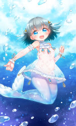 Rule 34 | 1girl, :d, air bubble, bare shoulders, black hair, blue eyes, bubble, detached sleeves, dress, highres, kito (sorahate), looking at viewer, mermaid, monster girl, open mouth, original, outstretched arm, see-through, short dress, short hair, sleeveless, sleeveless dress, smile, solo, twintails, two side up, underwater, water, white dress
