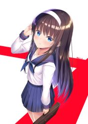 Rule 34 | 1girl, absurdres, blue neckerchief, blue skirt, blush, braid, breasts, briefcase, brown hair, feet out of frame, foreshortening, from above, hairband, hand in own hair, hand up, highres, holding, i.f.s.f, long hair, long sleeves, looking at viewer, looking up, neckerchief, parted lips, pleated skirt, school briefcase, school uniform, serafuku, shirt, skirt, smile, solo, standing, straight hair, tohno akiha, tsukihime, twin braids, two-tone background, white hairband, white shirt