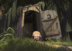 Rule 34 | . ., 1girl, :d, absurdres, blonde hair, brown jacket, brown skirt, chibi, commentary, forest, grass, grey socks, highres, hololive, hololive english, jacket, nature, necktie, open door, open mouth, opening door, outdoors, outhouse, outstretched arms, parody, phdpigeon, plaid, plaid skirt, red necktie, scene reference, shirt, shrek (series), skirt, smile, smol ame, socks, solo, standing, tree, virtual youtuber, watson amelia, white shirt