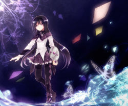 Rule 34 | 10s, 1girl, akemi homura, bad id, bad pixiv id, black hair, bug, butterfly, flower, flying paper, hairband, insect, long hair, magical girl, mahou shoujo madoka magica, mahou shoujo madoka magica (anime), outlaw, outstretched arm, panties, pantyhose, paper, purple eyes, shield, solo, unabara misumi, underwear