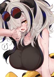 Rule 34 | !, 1girl, absurdres, animal ears, arknights, black hair, black sports bra, breasts, clothes around waist, commentary request, eyewear on head, fang, feater (arknights), feater (dojo star) (arknights), grey hair, highres, jacket, jacket around waist, large breasts, leaning forward, long hair, looking at viewer, multicolored hair, official alternate costume, ohichi16, open mouth, paid reward available, panda ears, red-tinted eyewear, round eyewear, skin fang, solo, spoken exclamation mark, sports bra, streaked hair, sunglasses, sweat, tinted eyewear, twintails, very sweaty, wiping sweat, yellow eyes, yellow jacket