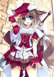 Rule 34 | 1girl, animal ears, blue eyes, brown hair, capelet, dog ears, dog tail, hair ornament, hairclip, hat, looking at viewer, open mouth, original, salute, shirokitsune, shirt, skirt, smile, solo, sword, tail, weapon, wrist cuffs
