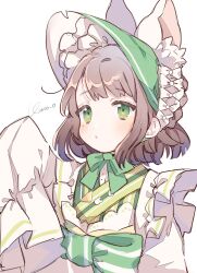 Rule 34 | 1girl, animal ear fluff, animal ears, artist name, bow, bowtie, brown hair, green bow, green eyes, green headwear, highres, jikuno, long sleeves, original, simple background, sleeves past fingers, sleeves past wrists, solo, white background