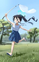 Rule 34 | 1girl, :d, ^ ^, aris (blue archive), black hair, blue archive, butterfly net, clear sky, closed eyes, grass, had (had314), hair between eyes, halo, hand net, highres, long hair, open mouth, outdoors, ponytail, sandals, sky, smile, solo, tree
