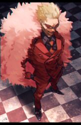 Rule 34 | 1boy, absurdres, black footwear, black shirt, blonde hair, checkered floor, chromatic aberration, collared shirt, donquixote doflamingo, earrings, feather boa, from above, full body, gold earrings, grin, hand in pocket, highres, jacket, jewelry, long sleeves, male focus, mirin (coene65), necktie, one piece, red-tinted eyewear, red jacket, red necktie, shirt, short hair, signature, smile, spiked hair, tinted eyewear, white-framed eyewear