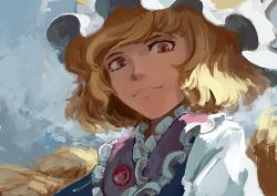 Rule 34 | 1girl, absurdres, alternate eye color, animal ears, blonde hair, blue background, brown eyes, buttons, closed mouth, dress, fox ears, fox tail, frills, grey background, grey dress, hat, highres, hyoutan tan, light, long sleeves, looking at viewer, mob cap, multiple tails, ofuda, ofuda on clothes, short hair, smile, solo, tabard, tail, touhou, upper body, white hat, wide sleeves, yakumo ran
