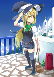 Rule 34 | 1girl, :o, adapted costume, bag, black thighhighs, blonde hair, bow, clothing cutout, cobblestone, guard rail, hair bow, hand on headwear, haseneko, hat, kirisame marisa, long hair, low-tied long hair, mary janes, orange eyes, puffy short sleeves, puffy sleeves, ripped jeans, scarf, shoes, short shorts, short sleeves, shorts, shoulder bag, side cutout, solo, stone wall, tank top, thighhighs, touhou, tsurime, very long hair, wall, witch hat