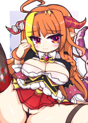 Rule 34 | 1girl, :3, absurdres, ahoge, black thighhighs, blush, bow, braid, breasts, brooch, brown hairband, censored, cleavage, closed mouth, dragon girl, dragon horns, dragon tail, eyes visible through hair, fingernails, furrowed brow, hairband, hand up, highres, hololive, horn bow, horn ornament, horns, jewelry, kiryu coco, kiryu coco (1st costume), long hair, long sleeves, medium breasts, multicolored eyes, multicolored hair, multicolored horns, nail polish, no panties, orange eyes, orange hair, orange horns, outline, pink nails, pleated skirt, pointy ears, purple eyes, purple horns, red skirt, side braid, single thighhigh, skindentation, skirt, smile, solo, spread legs, streaked hair, striped, striped bow, tail, tail raised, tenkasu (aster4545), thigh strap, thighhighs, thighs, twitter username, two-tone hair, very long hair, virtual youtuber, white outline, yellow eyes