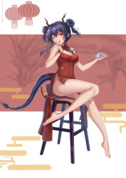 Rule 34 | 1girl, ;p, absurdres, arknights, bare arms, bare legs, bare shoulders, barefoot, bead bracelet, beads, blue hair, blush, bowl, bracelet, ch&#039;en (ageless afterglow) (arknights), ch&#039;en (arknights), chair, china dress, chinese clothes, chinese commentary, commentary request, double bun, dress, hair between eyes, hair bun, hand up, highres, holding, holding bowl, horns, jewelry, long hair, looking at viewer, official alternate costume, one eye closed, red dress, red eyes, rj (lingshih10), side slit, sidelocks, sitting, sleeveless, sleeveless dress, smile, solo, steam, tail, thighs, tongue, tongue out, twintails, white background