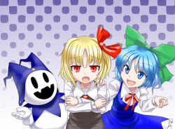Rule 34 | 2girls, :d, :o, araki (qbthgry), blonde hair, blouse, blue eyes, blue hair, bow, cirno, crossed arms, dress, fang, frilled dress, frills, hair bow, hair ribbon, halftone, halftone background, hand on another&#039;s shoulder, jack frost (megami tensei), multiple girls, open mouth, red eyes, ribbon, rumia, shin megami tensei, shirt, short hair, simple background, skirt, smile, snowman, touhou, trait connection, vest