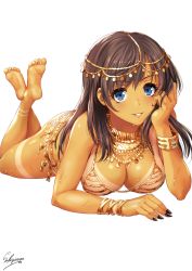 Rule 34 | 1girl, ass, bangle, bare legs, barefoot, bikini, bikini tan, black nails, blue eyes, bracelet, breasts, brown hair, circlet, cleavage, collarbone, commentary request, crossed ankles, dark-skinned female, dark skin, fate/grand order, fate (series), feet up, gold, gold trim, hand on own head, head rest, highres, jewelry, long hair, looking at viewer, lying, mata hari (fate), medium breasts, nail polish, necklace, on stomach, one-piece tan, open mouth, parted lips, partially submerged, sakiyamama, sidelocks, signature, simple background, smile, solo, swimsuit, tan, tanline, the pose, white background