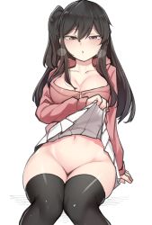 Rule 34 | 1girl, arm support, black eyes, black hair, black thighhighs, breasts, breath, cleavage, clothes lift, groin, heart, heart-shaped pupils, highres, hood, hood down, hooded jacket, invisible chair, jacket, k0ng, large breasts, lifting own clothes, long hair, looking at viewer, miniskirt, navel, no panties, one side up, original, parted lips, pink jacket, pleated skirt, sidelocks, simple background, sitting, skirt, skirt lift, solo, symbol-shaped pupils, thighhighs, white background, white skirt