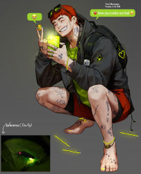 Rule 34 | 1boy, anklet, backpack, bag, barefoot, black jacket, emoji, english text, eyebrow piercing, closed eyes, eyewear on head, feet, glowing, glowstick, green shirt, grey background, heart, highres, holding, jacket, jewelry, long sleeves, male focus, nail polish, original, parted lips, personification, piercing, red hair, red shorts, rinotuna, shirt, short hair, shorts, smile, solo, squatting, sunglasses, tattoo, toes, yellow nails