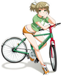 Rule 34 | 1girl, bicycle, green eyes, hand on own cheek, hand on own face, legs, mattaku mousuke, midriff, original, ponytail, shoes, short shorts, shorts, simple background, sneakers, solo