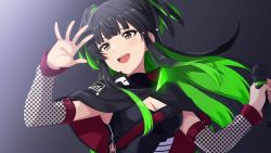 Rule 34 | 1girl, armpits, black hair, blunt bangs, blush, breasts, brown eyes, capelet, cleavage, cleavage cutout, clothing cutout, commentary, detached sleeves, green hair, hand up, highres, holding, holding microphone, idol clothes, idolmaster, idolmaster shiny colors, long hair, mayuzumi fuyuko, medium breasts, microphone, multicolored hair, nagami tami, open mouth, simple background, smile, solo, tears, two-tone hair, two side up, upper body