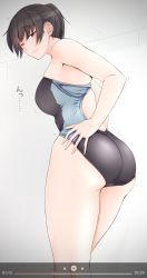 Rule 34 | 1girl, amagami, ass, bare shoulders, black eyes, black hair, breasts, check commentary, commentary request, competition swimsuit, hand on own ass, highres, long hair, looking at viewer, medium breasts, nervous, one-piece swimsuit, one eye closed, ponytail, sasaki akira (ugc), solo, standing, swimsuit, translation request, tsukahara hibiki