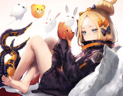 Rule 34 | 1girl, abigail williams (fate), abigail williams (traveling outfit) (fate), artist request, balloon, bandaid, bandaid on face, bandaid on forehead, barefoot, black bow, black jacket, blonde hair, blue eyes, bow, closed mouth, crossed bandaids, fate/grand order, fate (series), feet, forehead, fou (fate), hair bow, hair bun, heroic spirit traveling outfit, highres, holding, holding stuffed toy, jacket, knees up, leaning back, legs, long hair, long sleeves, looking at viewer, medjed (fate), multiple hair bows, nitocris (fate), nitocris (fate/grand order), nitocris (swimsuit assassin) (fate), official alternate costume, orange bow, parted bangs, pillow, polka dot, polka dot bow, simple background, single hair bun, sitting, sleeves past fingers, sleeves past wrists, smile, solo, stuffed animal, stuffed toy, teddy bear, tentacles, thighs, white background