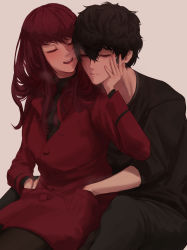 Rule 34 | 1boy, 1girl, absurdres, amamiya ren, andrich galam, black hair, black pants, black shirt, black sweater, buttons, closed eyes, closed mouth, commentary, couple, english commentary, hair between eyes, hand in another&#039;s pocket, hand on another&#039;s face, hetero, highres, jacket, long hair, long sleeves, open mouth, pants, persona, persona 5, persona 5 the royal, pocket, red hair, red jacket, shirt, short hair, sitting, sitting on person, sweatdrop, sweater, turtleneck, turtleneck sweater, yoshizawa kasumi, yoshizawa sumire