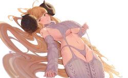 Rule 34 | anila (granblue fantasy), blonde hair, blush, breasts, colorized, draph, fikkyun, granblue fantasy, highres, horns, huge breasts, long hair, looking at viewer, meme attire, sideboob, simple background, sweater, tagme, thick thighs, thighs, very long hair, virgin destroyer sweater, white background, yellow eyes