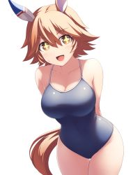 Rule 34 | + +, 1girl, blue one-piece swimsuit, breasts, brown eyes, cleavage, commentary request, competition school swimsuit, cowboy shot, flipped hair, highres, horse girl, large breasts, leaning forward, light brown hair, looking at viewer, matikanefukukitaru (umamusume), one-piece swimsuit, pataneet, school swimsuit, short hair, simple background, smile, solo, swimsuit, umamusume, white background