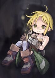 Rule 34 | 1girl, ahoge, apron, blonde hair, blue footwear, blurry, brown apron, brown gloves, clothes around waist, cross-laced footwear, dark, depth of field, expressionless, falling, fetal position, floating, floating object, full body, glasses, gloves, glowing, green eyes, green jacket, grey background, highres, jacket, jacket around waist, knees together feet apart, light particles, looking at object, made in abyss, moku nii, parted bangs, raised eyebrows, riko (made in abyss), semi-rimless eyewear, shadow, short hair, sidelocks, solo, thighhighs, underlighting, whistle, whistle around neck
