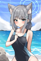 Rule 34 | 1girl, animal ear fluff, animal ears, bare arms, bare shoulders, black one-piece swimsuit, blue archive, blue eyes, blue sky, breasts, cloud, collarbone, commentary request, competition swimsuit, day, grey hair, hair ornament, halo, highres, long hair, looking at viewer, low ponytail, medium breasts, mitsumine raimu, one-piece swimsuit, outdoors, ponytail, shiroko (blue archive), shiroko (swimsuit) (blue archive), sidelocks, sky, solo, swimsuit, water