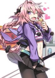 Rule 34 | 1boy, animal hood, astolfo (fate), astolfo (memories at trifas) (fate), black bow, black ribbon, bow, braid, clothes pull, cowboy shot, fang, fate/apocrypha, fate/grand order, fate (series), food, food on face, hair intakes, hair ribbon, hood, long hair, male focus, multicolored hair, navel, negi (ulog&#039;be), official alternate costume, one eye closed, pantyhose, parfait, pink hair, purple eyes, rabbit hood, ribbon, single braid, standing, stomach, streaked hair, trap, very long hair
