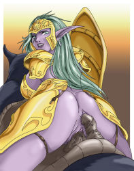 Rule 34 | 1girl, anal, anal object insertion, anus, armor, ass, border, bottomless, breasts, dildo saddle, double insertion, elf, from behind, gradient background, green hair, long hair, long pointy ears, looking at viewer, looking back, multiple insertions, night elf (warcraft), no panties, object insertion, outside border, pointy ears, pointy skin, pussy, rennes, saddle, sex toy, simple background, solo, uncensored, vaginal, vaginal object insertion, warcraft, white border