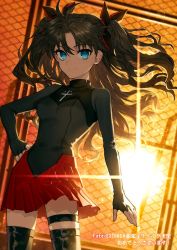 Rule 34 | 1girl, black shirt, black thighhighs, blue eyes, bow, chain-link fence, collared shirt, cross, crucifix, eyebrows hidden by hair, fate/extra, fate/extra record, fate (series), fence, film grain, fingerless gloves, gloves, jpeg artifacts, legband, lens flare, long hair, long sleeves, official alternate costume, pleated skirt, red bow, red skirt, routo, shirt, skirt, sleeves past wrists, smile, solo, sunset, thighhighs, tohsaka rin, twintails, zettai ryouiki