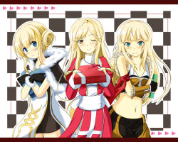 Rule 34 | 3girls, belt, black gloves, blonde hair, blue eyes, blush, border, box, box of chocolates, brown capelet, brown dress, capelet, cecil damon, checkered background, closed mouth, collared crop top, commentary request, cowboy shot, crop top, cross, double bun, dress, eyes visible through hair, fingerless gloves, fur-trimmed capelet, fur-trimmed crop top, fur-trimmed gloves, fur trim, garter straps, gloves, green eyes, hair between eyes, hair bun, heart, high priest (ragnarok online), high wizard (ragnarok online), holding, incoming gift, kathryne keyron, kuroma (no plan), long hair, looking at viewer, margaretha sorin, midriff, multiple girls, navel, one eye closed, ragnarok online, red dress, sash, shirt, short dress, short hair, short shorts, shorts, shy, sidelocks, smile, sniper (ragnarok online), standing, thighhighs, two-tone dress, valentine, white background, white dress, white legwear, white sash, yellow eyes, yellow gloves, yellow shirt, yellow shorts