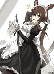 Rule 34 | 1girl, alternate costume, amiya (arknights), animal ears, apron, arknights, arm behind head, artist logo, black dress, blue eyes, blush, brown hair, cowboy shot, dress, dutch angle, enmaided, gloves, hair between eyes, hands up, highres, holding, holding own hair, holding paper, holding stick, jewelry, long hair, long sleeves, looking at viewer, maid, maid apron, maid day, maid headdress, multiple rings, notice lines, open mouth, paper, ponytail, rabbit ears, ring, sen (senro0o), simple background, solo, stick, very long hair, white apron, white background, white gloves, white headdress