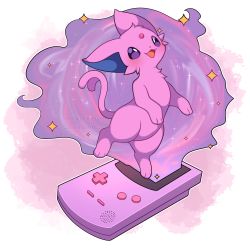 Rule 34 | absurdres, artist name, blush, creatures (company), espeon, floating, forked tail, game boy, game boy color, game console, game freak, gen 2 pokemon, handheld game console, highres, looking up, nintendo, no humans, pokemon, pokemon (creature), sevi (seviyummy), solo, sparkle, tail