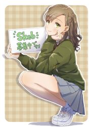 Rule 34 | 1girl, absurdres, artist self-insert, border, brown background, brown hair, closed mouth, collared shirt, commentary request, cross-laced footwear, eyelashes, fingernails, full body, green eyes, green jacket, green sleeves, grey skirt, hand on own cheek, hand on own face, highres, holding, holding sign, jacket, light blush, long hair, long sleeves, looking at viewer, miniskirt, mole, mole under eye, necktie, one side up, original, outline, plaid, plaid background, pleated skirt, red necktie, shade, shirt, shoes, sign, simple background, single sidelock, skirt, sleeves past wrists, smile, sneakers, socks, solo, squatting, sweater jacket, wavy hair, white border, white footwear, white outline, white shirt, white socks, witoi (roa)