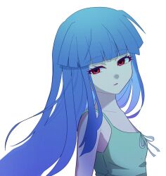 Rule 34 | 1girl, blue hair, blunt bangs, commentary, dress, expressionless, eyelashes, flat chest, from side, furude rika, green dress, half-closed eyes, higurashi no naku koro ni, long hair, looking at viewer, parted lips, red eyes, sidelocks, simple background, sleeveless, sleeveless dress, solo, upper body, white background, yuno ff
