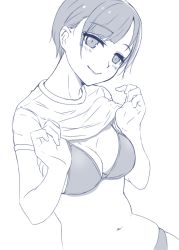 Rule 34 | 1girl, bikini, blush, breasts, cleavage, closed mouth, clothes lift, greyscale, hi iro, lifting own clothes, lineart, looking at viewer, medium breasts, monochrome, navel, original, shirt, shirt lift, short hair, short sleeves, simple background, smile, solo, solvalou, swimsuit, t-shirt, upper body, very short hair
