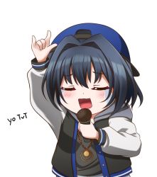 Rule 34 | 1girl, alternate costume, backwards hat, baseball cap, black hair, black shirt, blue hat, blush, chain, chibi, closed eyes, crying, fang, gold chain, hair intakes, hat, highres, hip hop, hololive, hololive english, hood, hooded jacket, jacket, jan azure, letterman jacket, m/, open mouth, ouro kronii, shirt, skin fang, solo, virtual youtuber