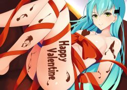 Rule 34 | 1girl, aqua hair, ass, bare shoulders, barefoot, bound, bound wrists, breasts, chocolate, chocolate on body, cleavage, dutch angle, english text, food between breasts, food on body, green eyes, hair ornament, hairclip, happy valentine, head tilt, kantai collection, large breasts, long hair, looking at viewer, naked ribbon, ribbon, solo, suzuya (kancolle), ton ton tontoro, underboob, valentine