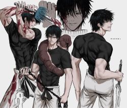 Rule 34 | 1boy, artist name, ass, black hair, black shirt, blood, blood on clothes, blood on face, blood on hands, bloody weapon, commentary, from behind, fushiguro touji, green eyes, highres, holding, holding sword, holding weapon, jujutsu kaisen, looking at viewer, looking back, male focus, marrbl, mature male, monster, multiple views, muscular, muscular male, pants, parted lips, scar, scar on face, shirt, short hair, sketch, smirk, standing, sword, teeth, weapon, white pants