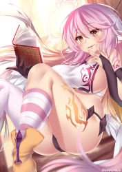 Rule 34 | 1girl, angel wings, areola slip, ass, asymmetrical legwear, black gloves, black panties, blush, book, breasts, bridal gauntlets, cameltoe, commentary, spiked halo, elbow gloves, feathered wings, floating, gloves, hair between eyes, halo, horizontal-striped legwear, jibril (no game no life), kanachirou, large breasts, leg tattoo, long hair, looking at viewer, midriff, multicolored hair, no game no life, open book, open mouth, panties, parted lips, pink hair, sideboob, single sock, single thighhigh, smile, socks, solo, striped clothes, striped socks, symbol-shaped pupils, tattoo, thighhighs, thighs, underwear, uneven legwear, very long hair, white socks, wing ears, wings, yellow eyes, yellow footwear