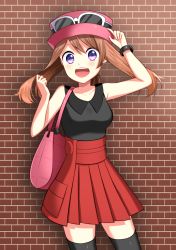 Rule 34 | 1girl, :d, absurdres, arm up, bad id, bad pixiv id, bag, black shirt, black thighhighs, blush, bracelet, breasts, brown hair, collarbone, cosplay, cowboy shot, creatures (company), eyewear on headwear, floating hair, game freak, hair between eyes, hat, high-waist skirt, highres, jewelry, long hair, may (pokemon), medium breasts, nintendo, open mouth, pink hat, pleated skirt, pokemon, pokemon oras, pokemon xy, ponytail, purple eyes, red skirt, serena (pokemon), serena (pokemon) (cosplay), shirt, skirt, sleeveless, sleeveless shirt, smile, solo, standing, sunglasses, thighhighs, twintails, yuihico, zettai ryouiki