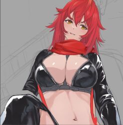 Rule 34 | 1girl, black gloves, breasts, cleavage, crop top, cropped jacket, fingerless gloves, gloves, goddess of victory: nikke, grin, hair between eyes, headgear, horns, jacket, large breasts, leather, leather jacket, long hair, mechanical horns, nagato tsumugu, navel, orange eyes, parted lips, red hair, red hood (nikke), red scarf, scarf, sketch, smile, solo, unfinished, unzipped, very long hair, zipper