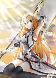 Rule 34 | 1girl, arm up, armor, armored dress, armpits, bad id, bad pixiv id, banner, black thighhighs, blonde hair, blue eyes, breasts, chain, cleavage cutout, clothing cutout, cloud, dress, fate/apocrypha, fate (series), faulds, fur-trimmed legwear, fur trim, head tilt, headpiece, highres, holding, jeanne d&#039;arc (fate), jeanne d&#039;arc (ruler) (fate), jeanne d&#039;arc (third ascension) (fate), long hair, looking at viewer, medium breasts, outdoors, sankee, sheath, sheathed, sitting, smile, solo, sunlight, sword, thighhighs, very long hair, wariza, weapon, white dress