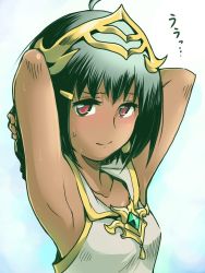Rule 34 | 1girl, ahoge, armpits, arms behind head, arms up, black hair, blush, collarbone, dark skin, dark-skinned female, dress, earrings, egyptian, hair ornament, hairclip, headpiece, ishiyumi, ishtar (puzzle &amp; dragons), jewelry, looking at viewer, puzzle &amp; dragons, red eyes, short hair, solo, sweat